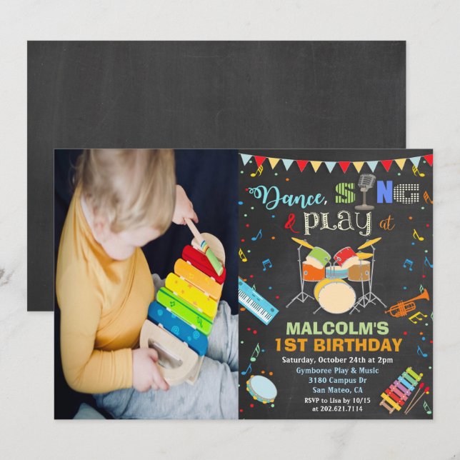 Invitation à la craie d'anniversaire de musique po (Devant / Derrière)