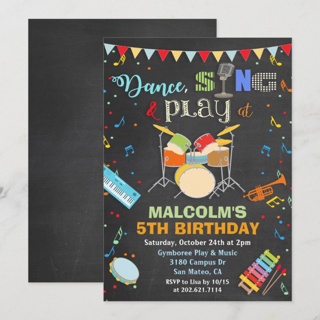 Invitation à la craie d'anniversaire de musique po (Devant / Derrière)