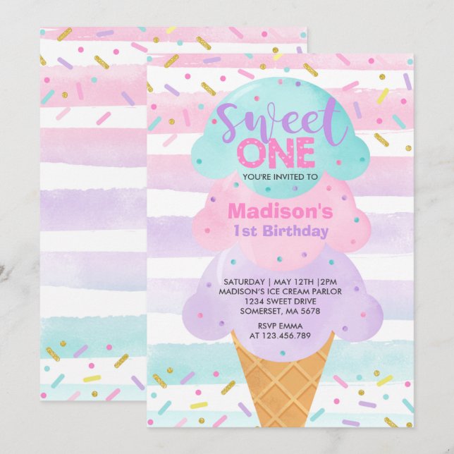 Invitation à la crème glacée Un 1er anniversaire (Devant / Derrière)