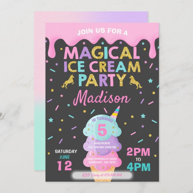 Invitation à la crème glacée Unicorn Ice Cream Par (Devant / Derrière)