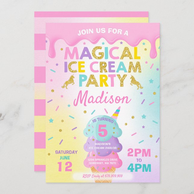 Invitation à la crème glacée Unicorn Ice Cream Par (Devant / Derrière)
