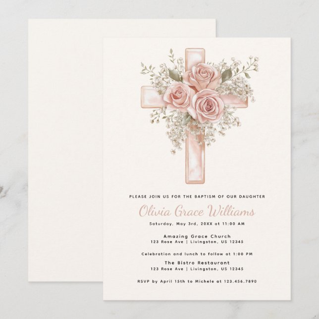 Invitation à la croix florale rose (Devant / Derrière)