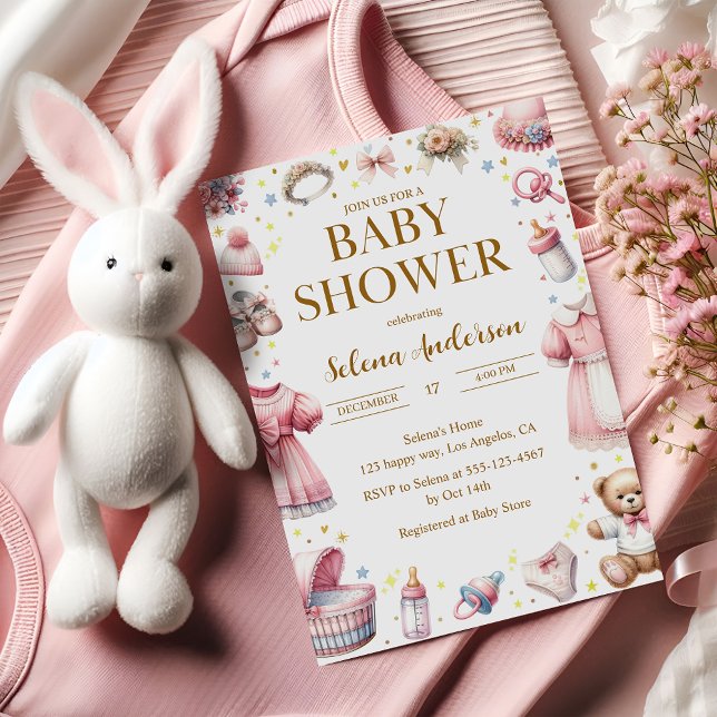 Invitation à la douche avec bébé rose avec jouets  (Créateur téléchargé)