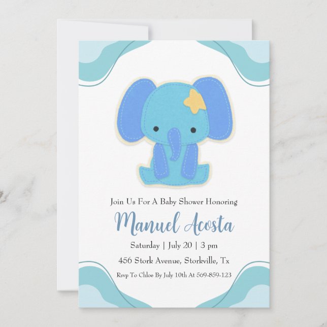 invitation à la douche bébé d'éléphant bleu modern (Devant)