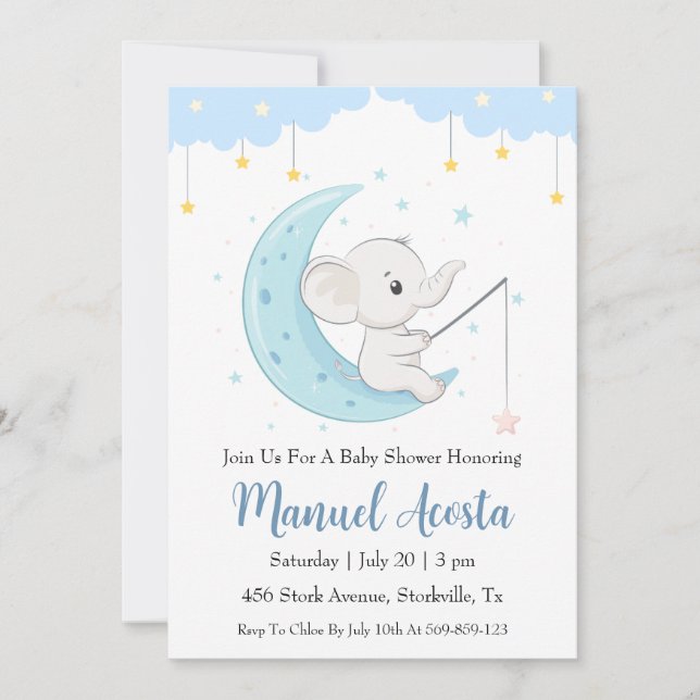 invitation à la douche bébé d'éléphant bleu modern (Devant)