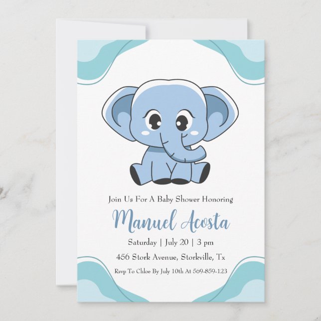 invitation à la douche bébé d'éléphant bleu modern (Devant)