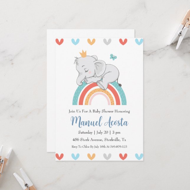 invitation à la douche bébé d'éléphant bleu modern (Devant/Arrière en situation)