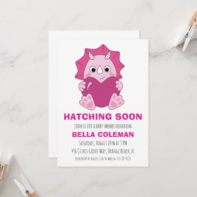 invitation à la douche bébé dinosaure rose (Devant/Arrière en situation)