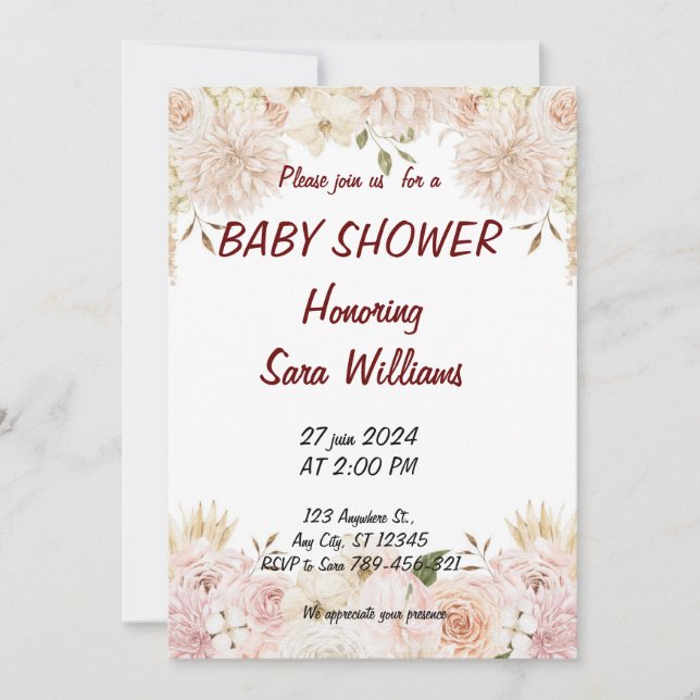 invitation à la douche bébé fille fleurie (Devant)