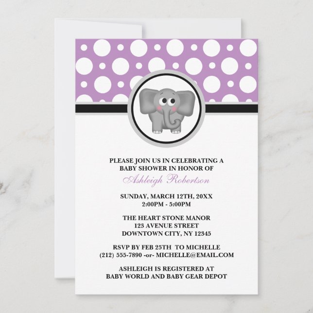 Invitation à la douche bébé Polka Dot Purple Eleph (Devant)