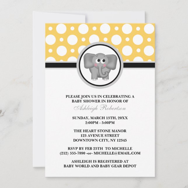 Invitation à la douche bébé Polka Jaune Eléphant (Devant)