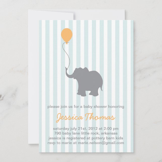 Invitation à la douche d'éléphant pour bébés (Devant)