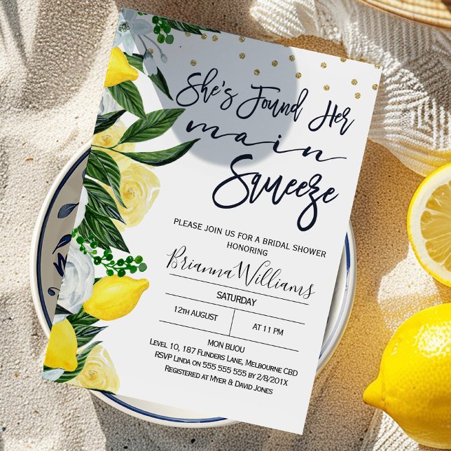 Invitation à la douche nuptiale à la pression de c (Modern She found Her Main Squeeze Bridal Shower Invitation, Floral and Lemons Main Squeeze Bridal)