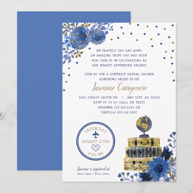 Invitation à la douche nuptiale à thème Voyage (Devant / Derrière)