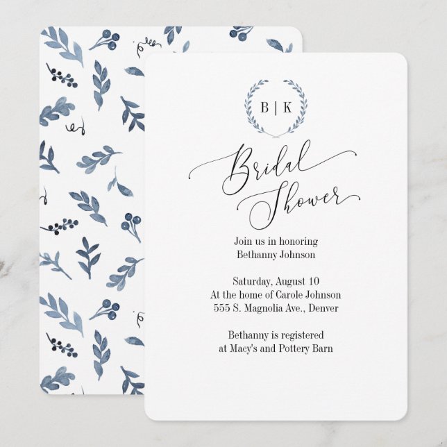 Invitation à la douche nuptiale avec monogramme de (Devant / Derrière)