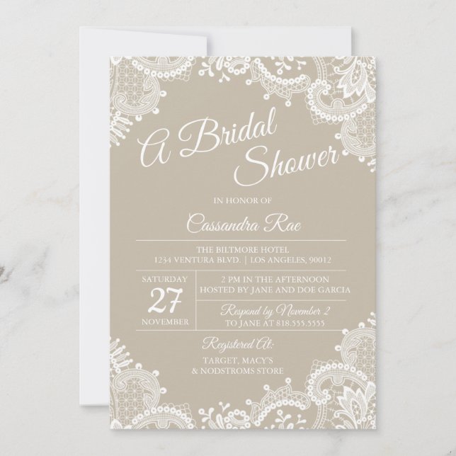 Invitation à la douche nuptiale beige et dentelle (Devant)