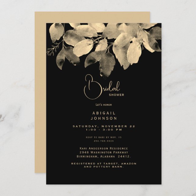 Invitation à la douche nuptiale Black & Gold Folia (Devant / Derrière)