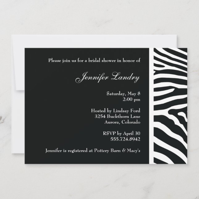 Invitation à la douche nuptiale Black Zebra (Devant)