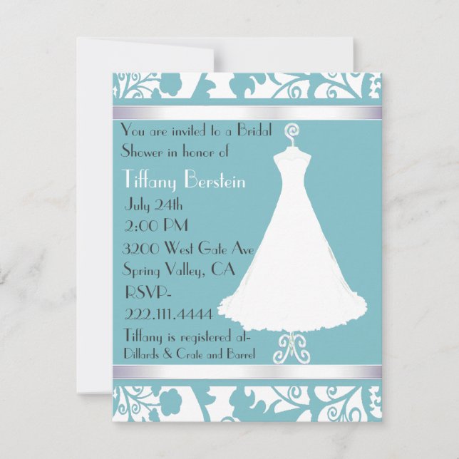 Invitation à la douche nuptiale Blue Damask (Devant)