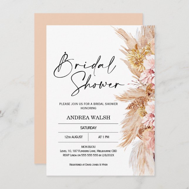 Invitation à la douche nuptiale Blush Boho Pampas (Devant / Derrière)