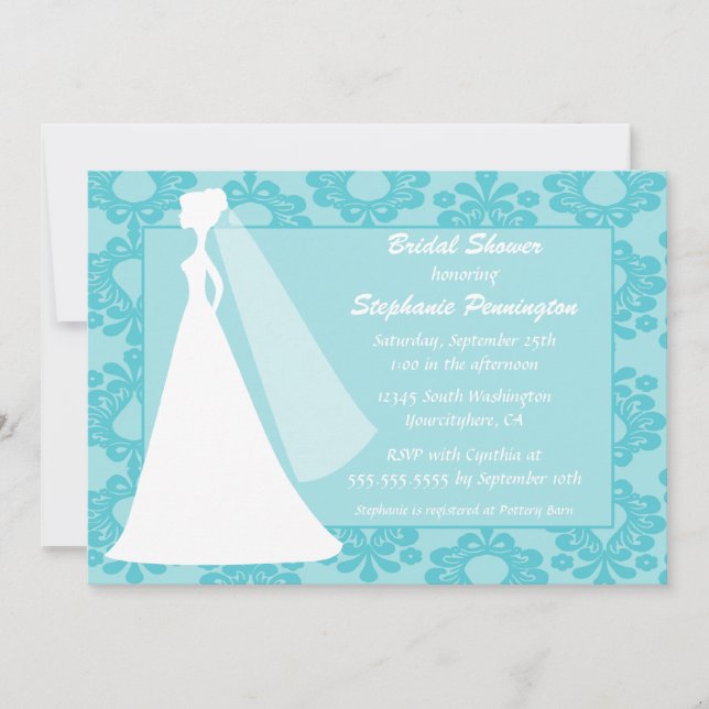 Invitation à la douche nuptiale chic bleu damassé (Devant)
