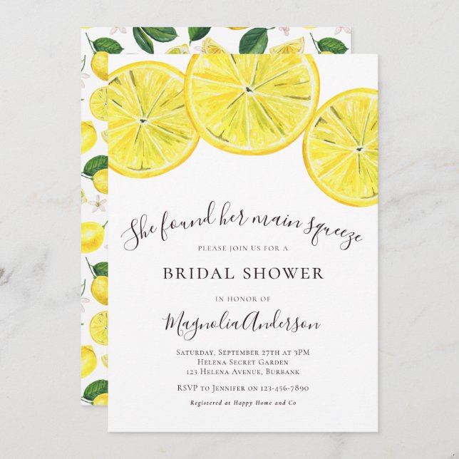 Invitation à la douche nuptiale Citrus citron (Devant / Derrière)
