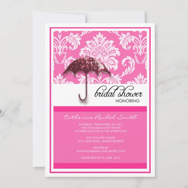 Invitation à la douche nuptiale Damask à Fuchsia (Devant)