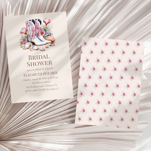 Invitation à la douche nuptiale de Boho Coastal (Boho Coastal Cowgirl Bridal Shower Invitation on a white dry palm leaf.)