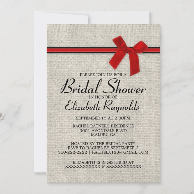 Invitation à la douche nuptiale de Burlap en rouge (Devant)