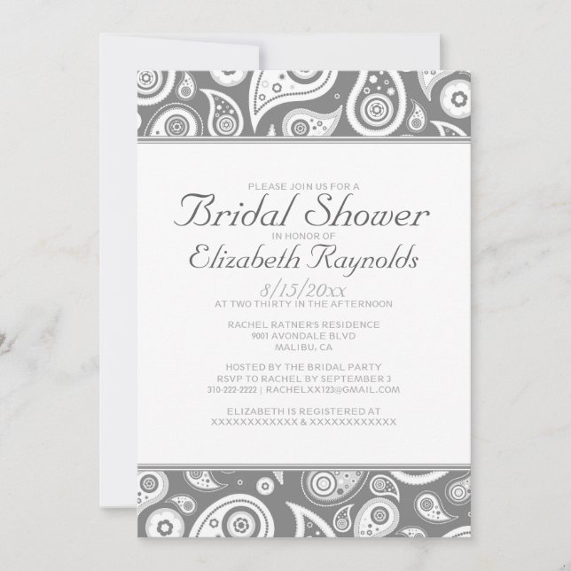 Invitation à la douche nuptiale de Grey Paisley (Devant)