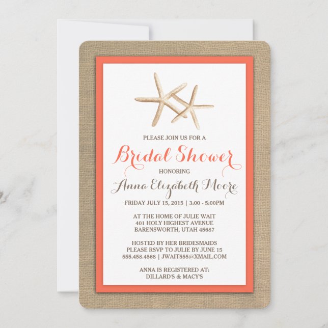 Invitation à la douche nuptiale de Starfish Burlap (Devant)
