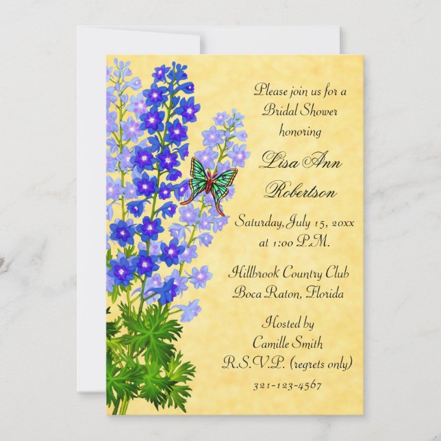 Invitation à la douche nuptiale Delphiniums Gold (Devant)