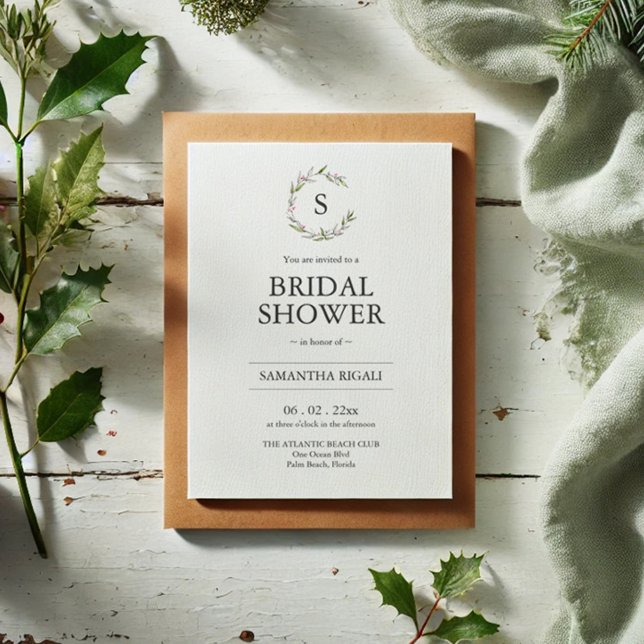 Invitation à la douche nuptiale d'hiver avec code  (Bridal shower invitations Christmas botanical line art by Victoria Grigaliunas Do Tell A Belle)