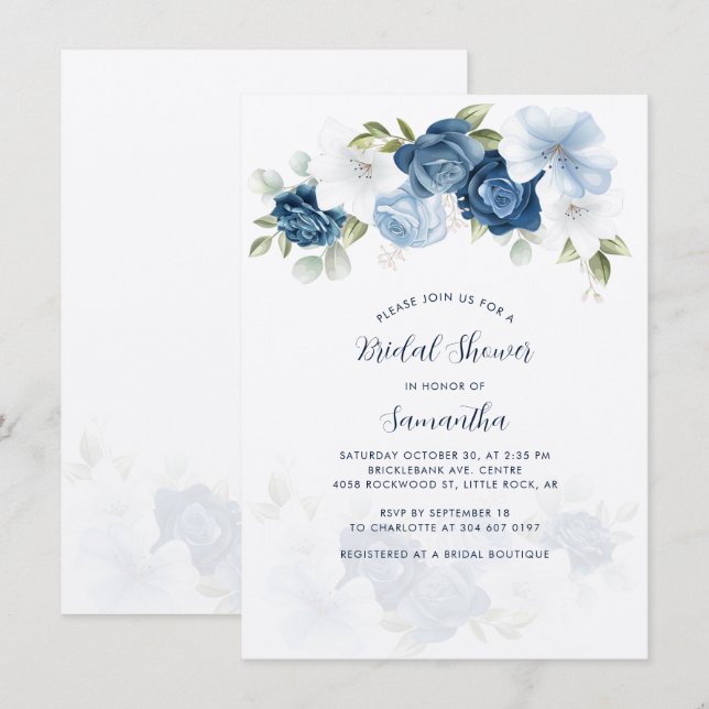 Invitation à la douche nuptiale Dusty Blue Floral (Devant / Derrière)
