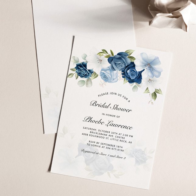 Invitation à la douche nuptiale Dusty Blue Floral (Dusty Blue Floral Watercolor Greenery Bridal Shower Invitation)