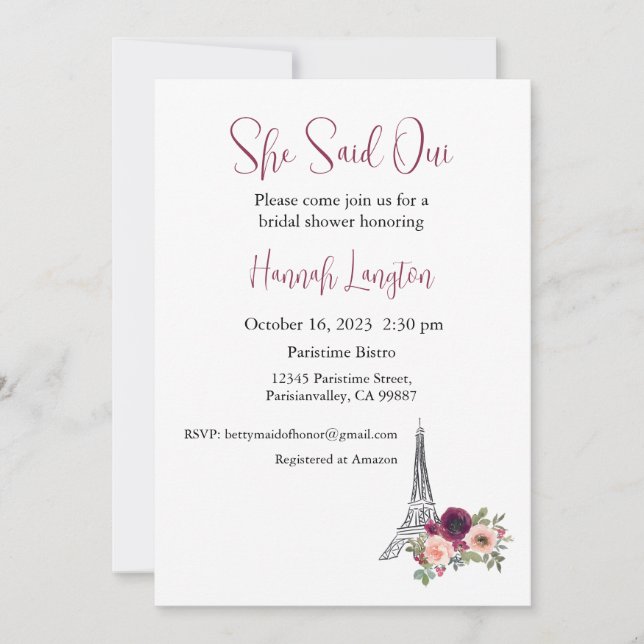 Invitation À La Douche Nuptiale, Elle A Dit Oui Ou (Devant)