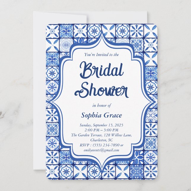 Invitation à la douche nuptiale en carreaux bleus  (Devant)
