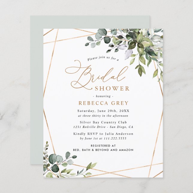 Invitation à la douche nuptiale en or Budget Green (Devant / Derrière)