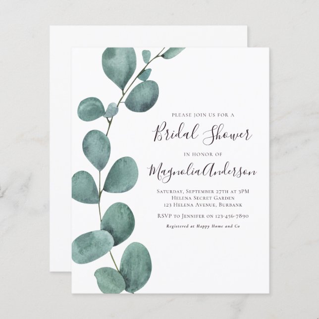 Invitation à la douche nuptiale Eucalyptus Budget (Devant / Derrière)
