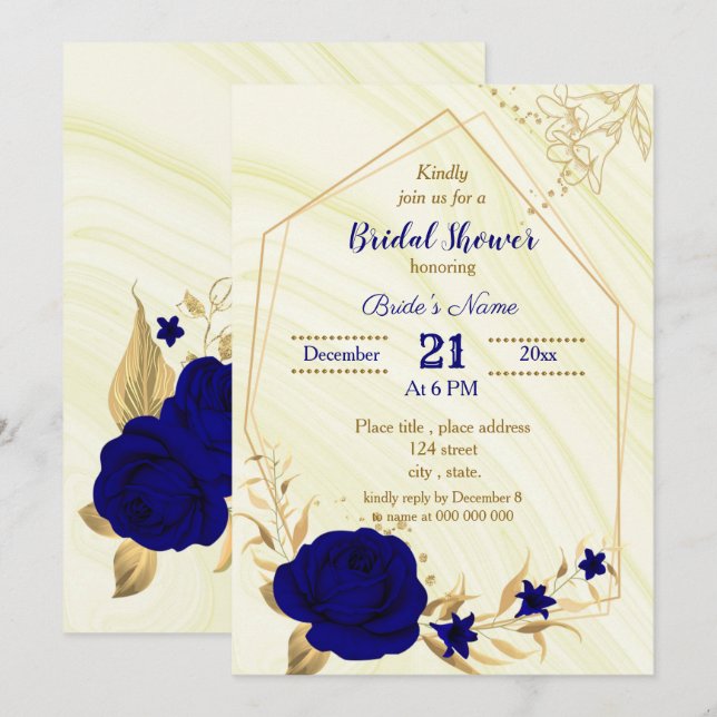 invitation à la douche nuptiale fleurie bleu royal (Devant / Derrière)