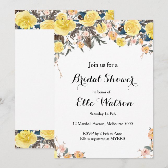 Invitation à la douche nuptiale fleurie jaune (Devant / Derrière)