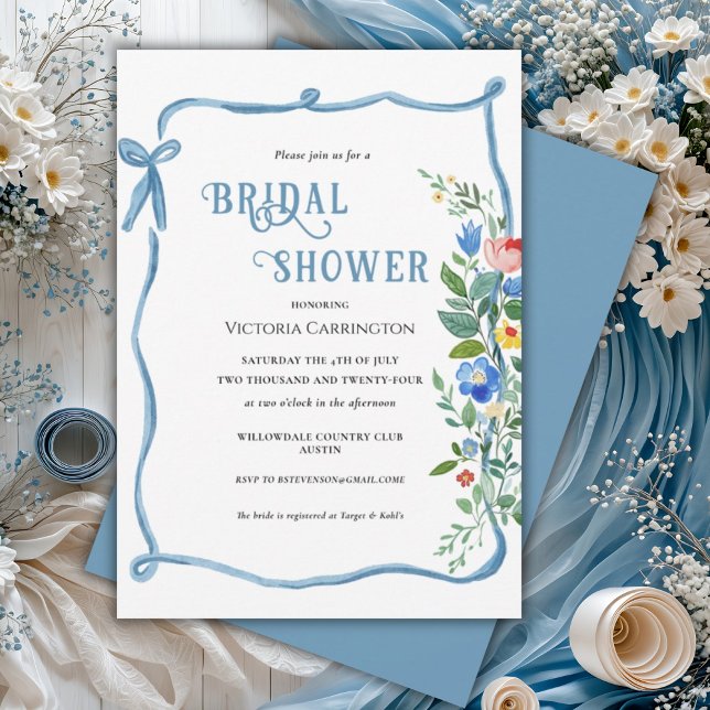 Invitation à la douche nuptiale Florale Bow bleu (Créateur téléchargé)