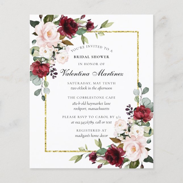 Invitation à la douche nuptiale florale de Bourgog (Devant)