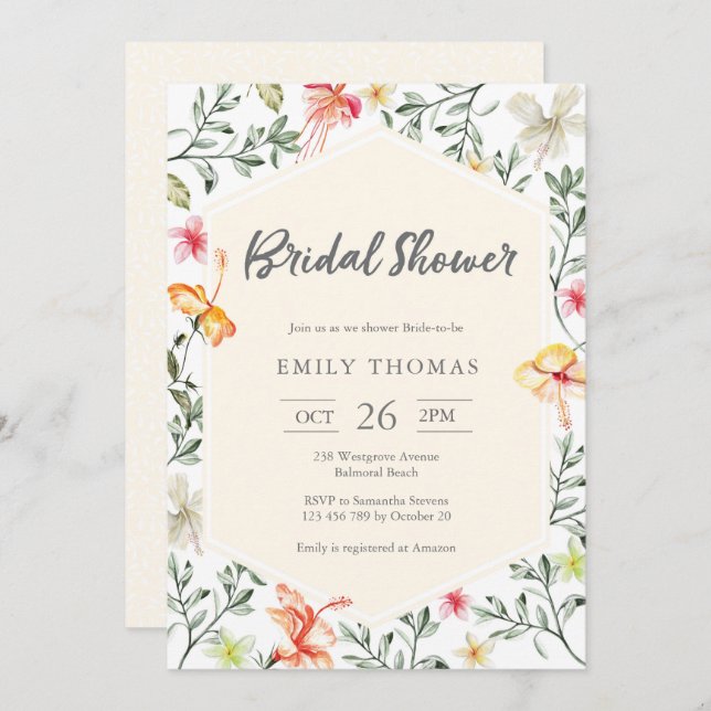 Invitation à la douche nuptiale florale tropicale (Devant / Derrière)