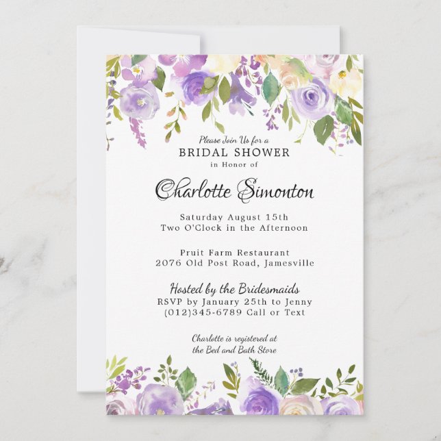 Invitation à la douche nuptiale florale violet et  (Devant)