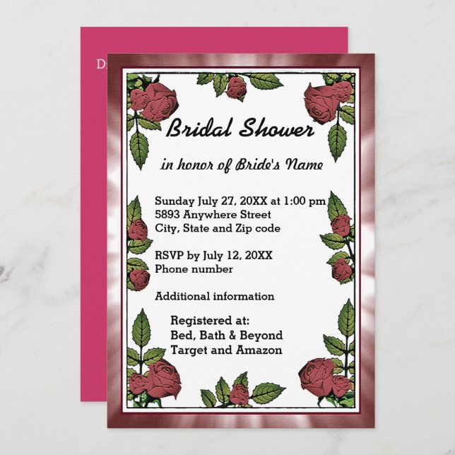 Invitation à la douche nuptiale Frame and Red Rose (Devant / Derrière)
