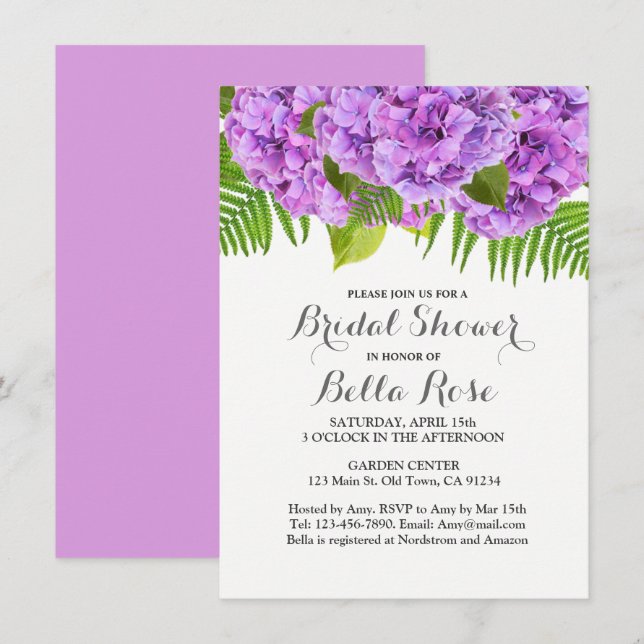 Invitation à la douche nuptiale hydrangée violette (Devant / Derrière)