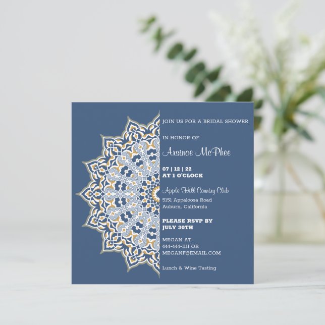 Invitation à la douche nuptiale Mandala bleu et or (Debout devant)