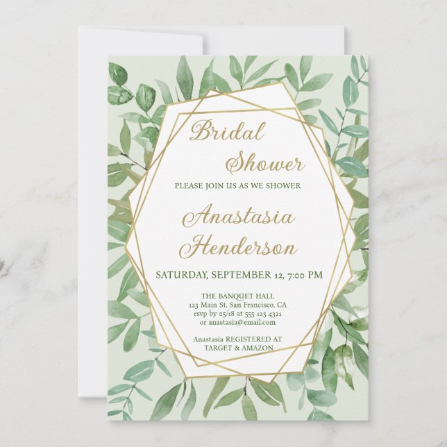 Invitation à la douche nuptiale or et verdure (Devant)