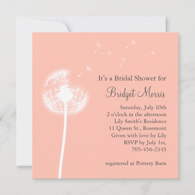 Invitation à la douche nuptiale Peach Dandelion (Devant)